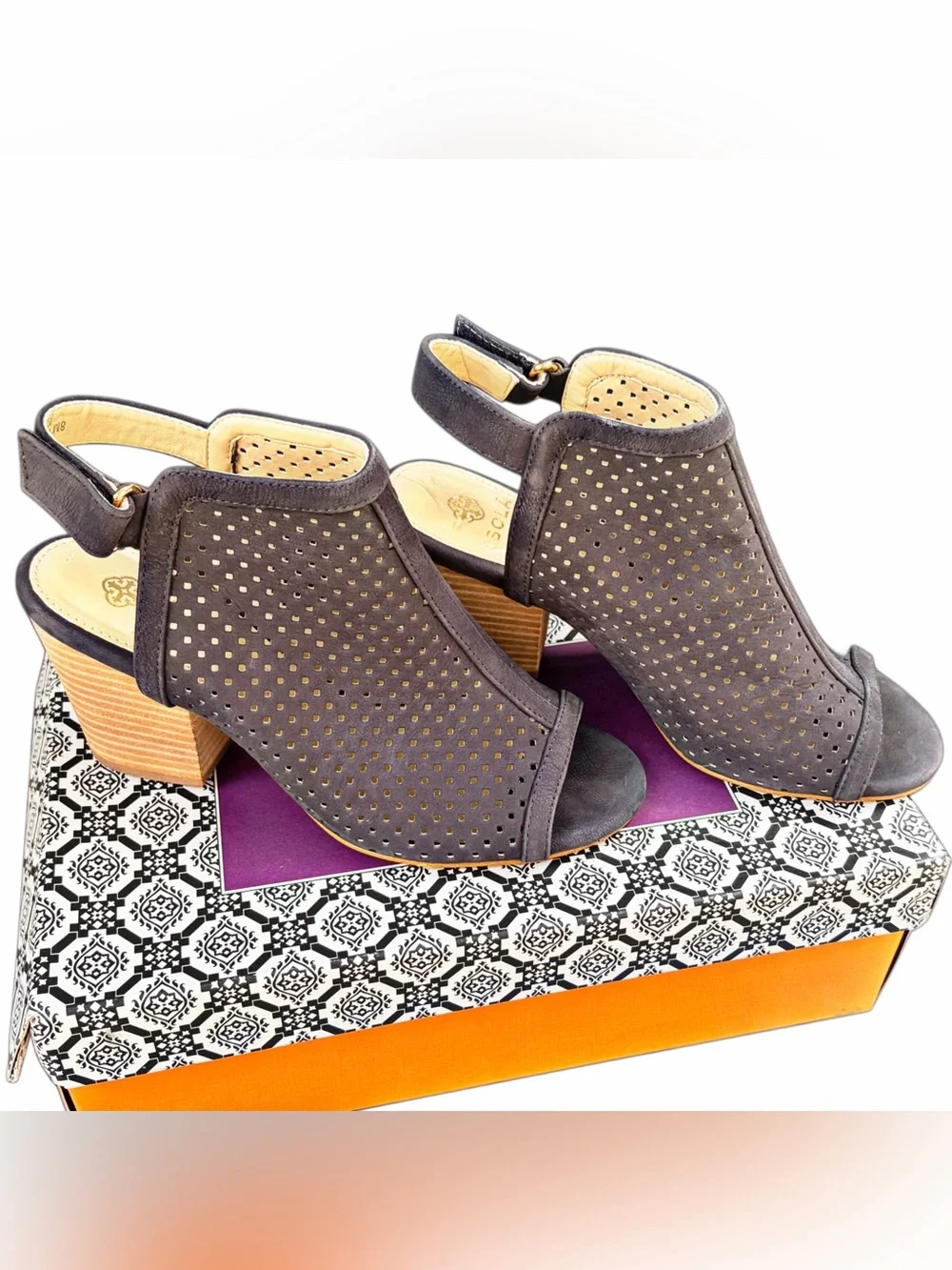 Perforated Leather Block Heel Sandals